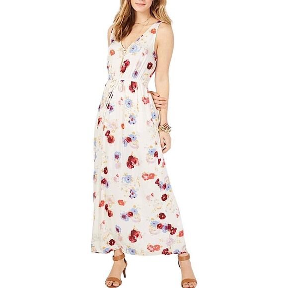 LUCKY BRAND Long Dress White Chiffon Floral Maxi Dress Party Size Large - Picture 1 of 12